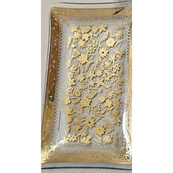 Gold Gilt Floral Glass Appetizer Plate MCM hors d'oeuvres vintage art deco Set 5 - Picture 12 of 15